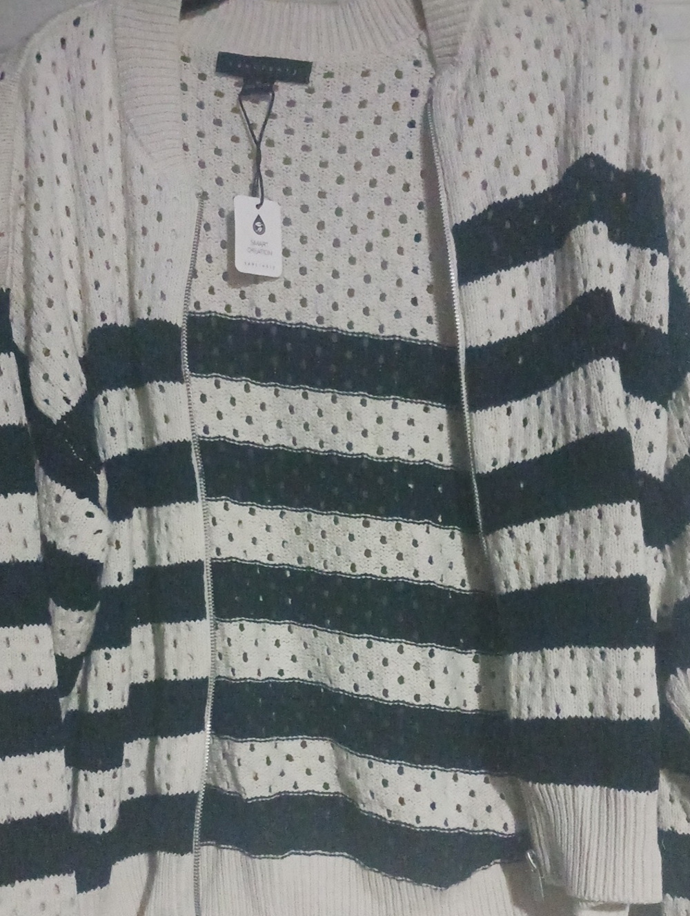 Zip-Front Striped Knit Cardigan Sweater - Black & Cream